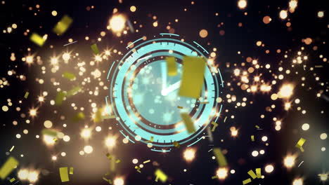 animación del reloj con confeti dorado y luces que se elevan sobre un fondo negro