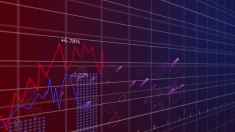 animación de estadísticas y procesamiento de datos financieros con senderos de luz púrpura sobre la cuadrícula