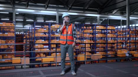 full body of asian male engineer with safety helmet standing in the warehouse with shelves full of delivery goods. talking on smartphone and looking around the storage