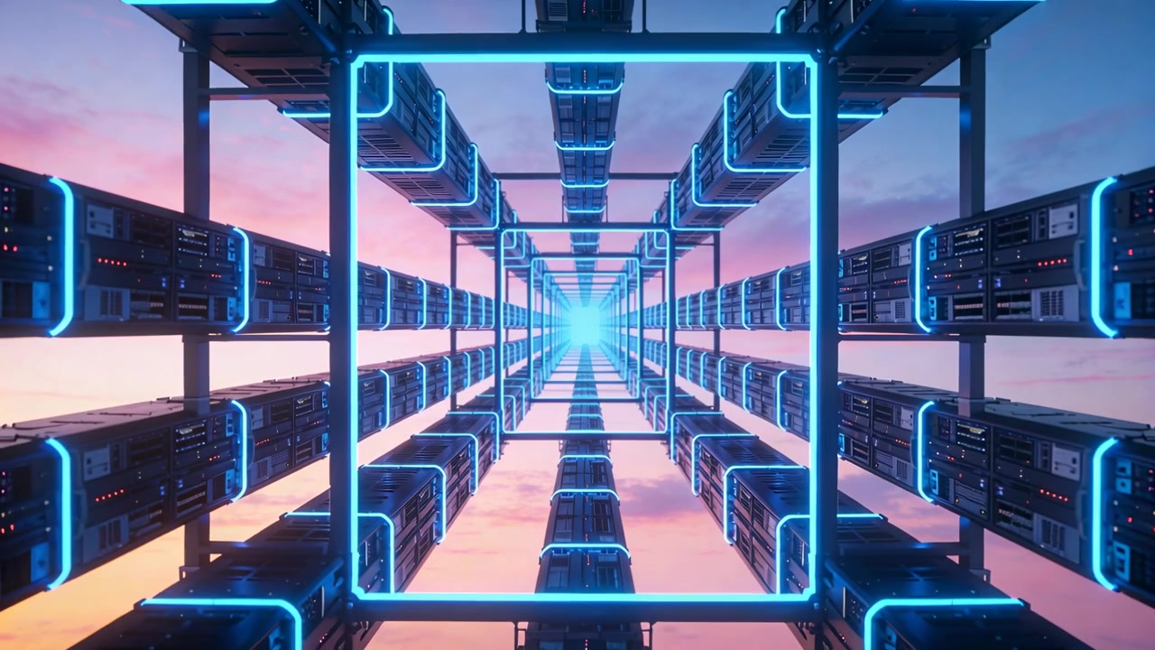Advancing center server rack tunnel toward vanishing light, neon-blue frame appearing and pulsing