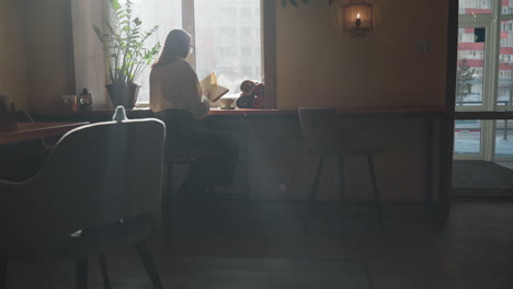 young adult woman flipping through book near sunlit window in cozy interior, warm rays highlighting her white sweater as steam rises from coffee cup beside her, surrounded by plants and calm ambiance
