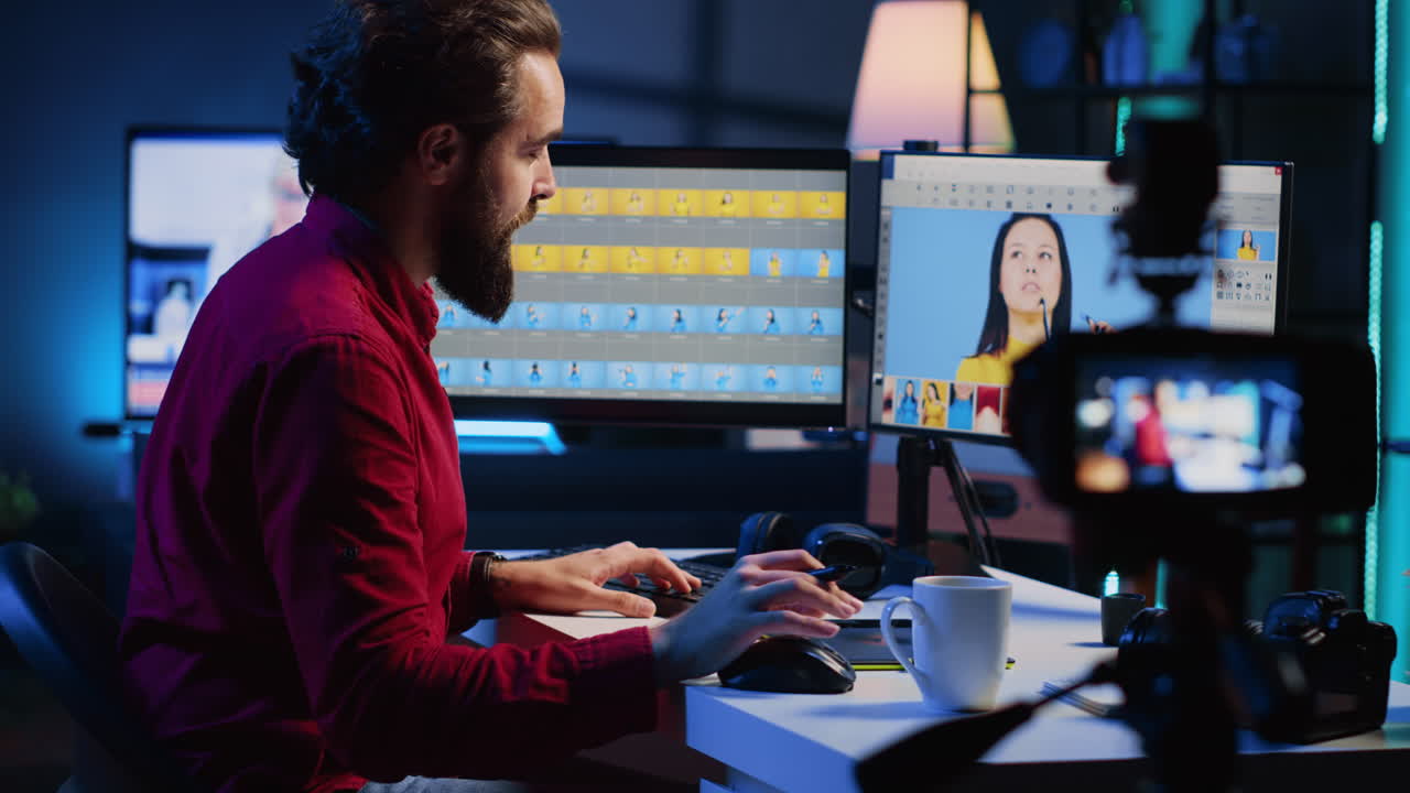 Photographer using professional camera to film content, discussing about image retouching software