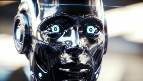 A sleek, shiny robot with illuminated eyes stands in a high-tech setting. Its design features intricate details, highlighting innovations in artificial intelligence and robotics.