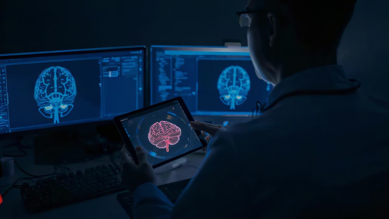 Dottore che indossa un camice da laboratorio e occhiali mentre tiene in mano un tablet, rendering in 3D di un cervello in rotazione, confronto tra monitor, spazio per il testo