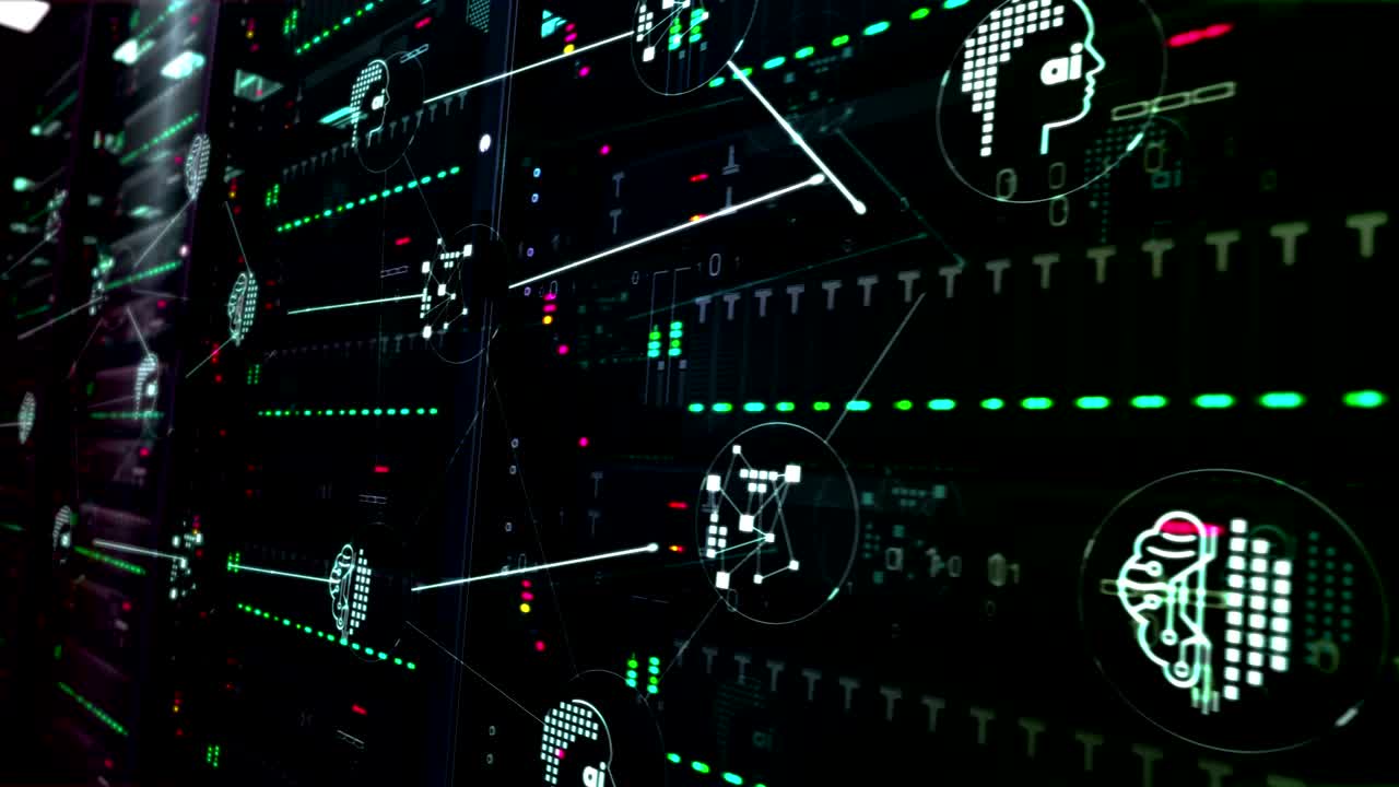 Artificial intelligence symbols on servers room in background loop