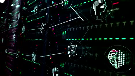 símbolos de inteligencia artificial en la sala de servidores en el bucle de fondo