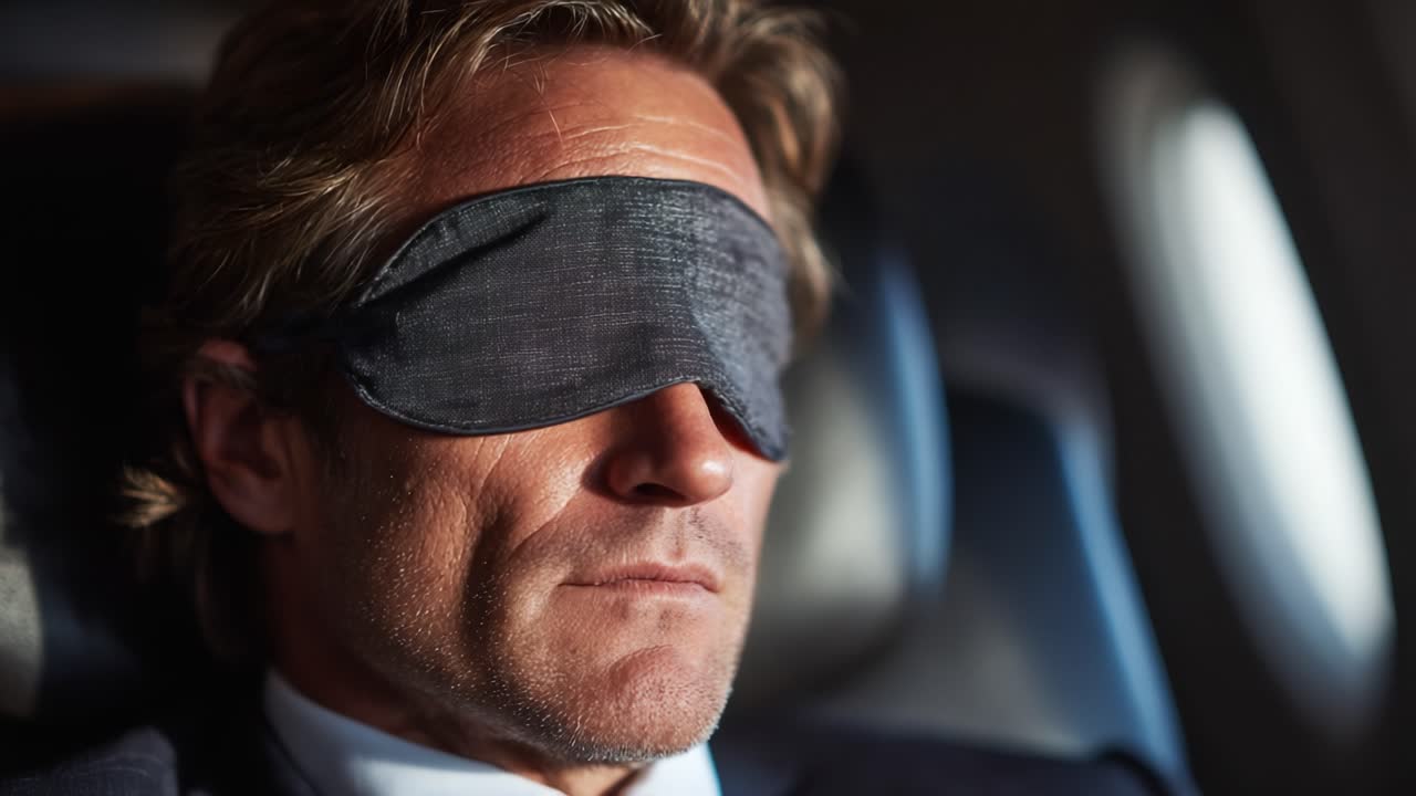 Calm and Relaxed: A Man on a Journey with a Sleep Mask on a Plane, Embracing Tranquility Amidst the Buzz of Air Travel