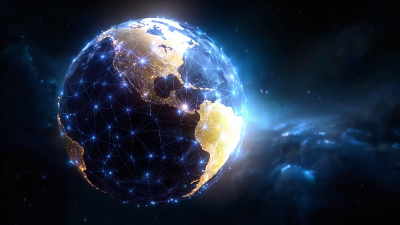 Uma imagem impressionante do planeta Terra conectado por uma rede de nós brilhantes, representando a conectividade global e a moderna tecnologia de comunicação.