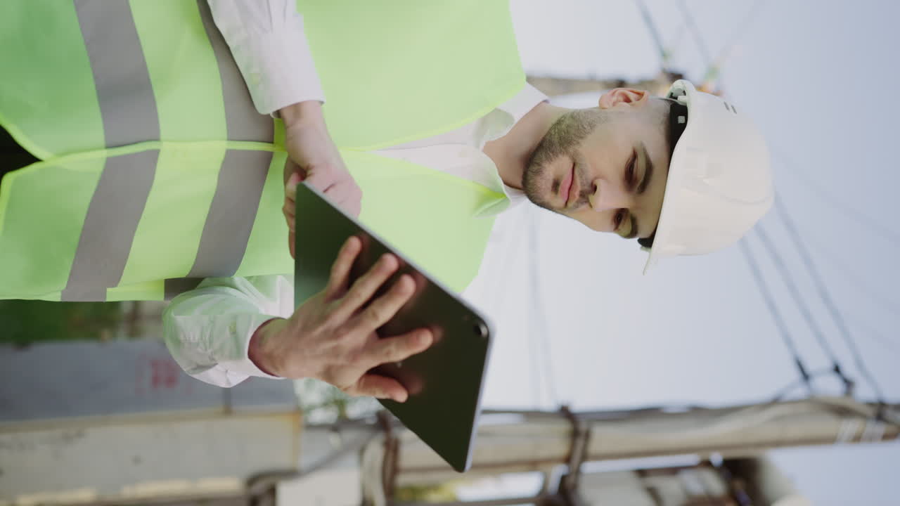 Engineer in safety gear using a tablet outdoors