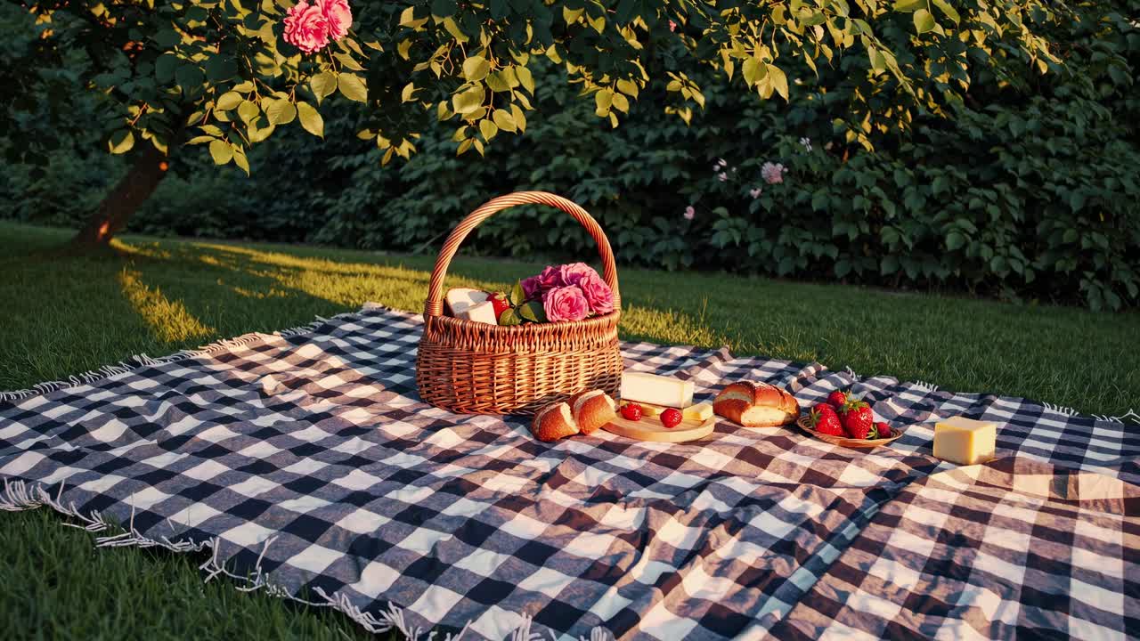 A picnic scene with a basket on a checkered blanket, shot from a low angle