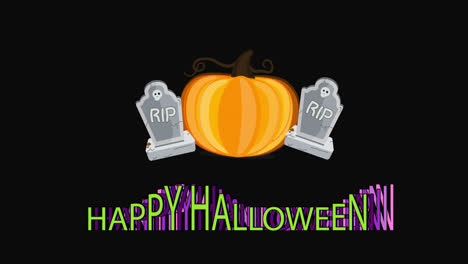 happy-Halloween-text-animation,-pumpkin,-grave,-transparent-background