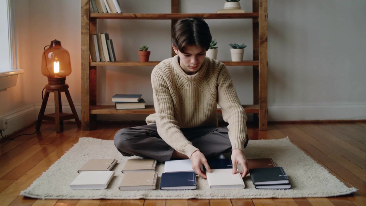Un adolescente con un maglione color crema allunga la mano, prendendo e impilando quaderni in un angolo lettura, organizzando.
