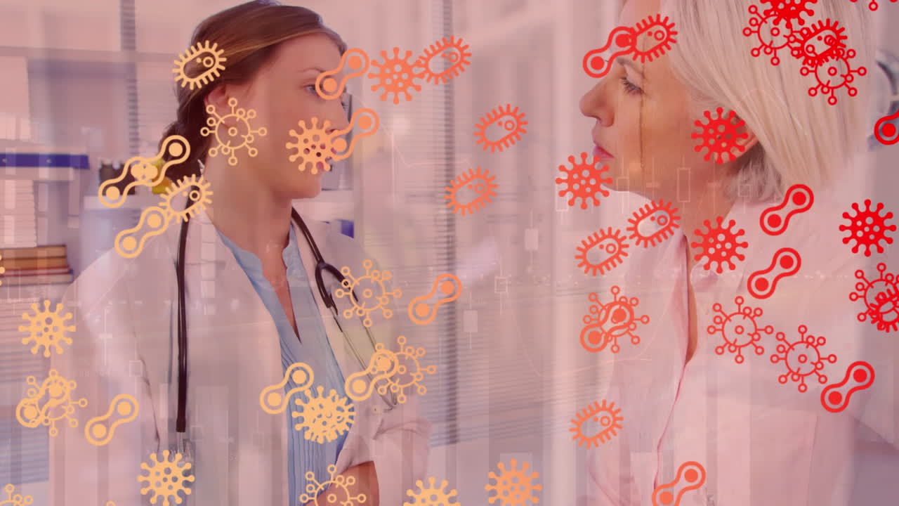 animación de células de virus flotando sobre una doctora caucásica hablando con un paciente