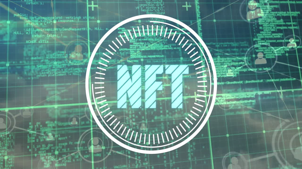 Digital coding and data processing animation with NFT text in background