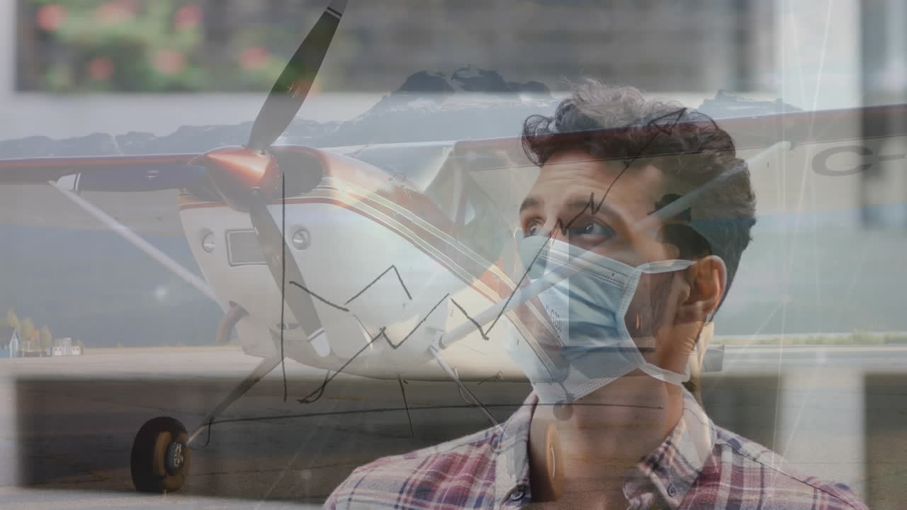 얼굴 마스크를 착용한 백인 남성 위에 비행기와 백인 남자의 애니메이션