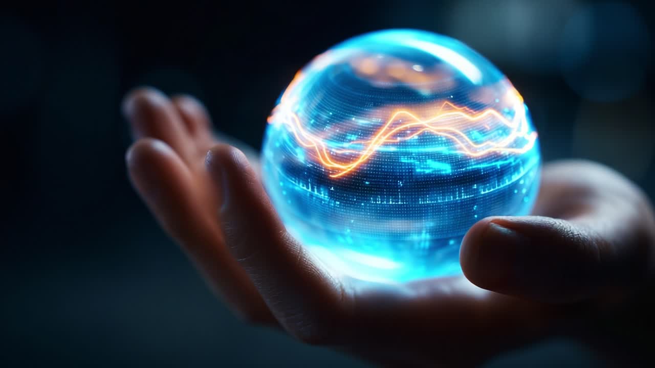 A Glowing Crystal Orb: A Close-Up Visual of a Hand Holding a Translucent Sphere with Vibrant Energy Waves and Digital Patterns Captured in an Enigmatic Atmosphere