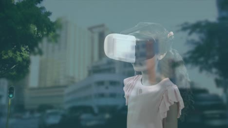 animation of digital padlock over african american woman in vr headset and cityscape