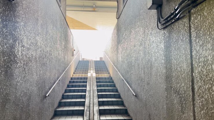 Static wide shot of an urban concrete staircase leading toward bright daylight in Kanazawa, Japan