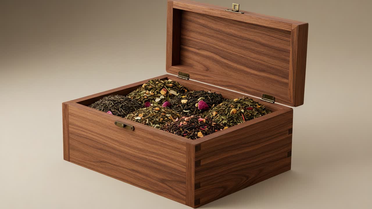 An open wooden box filled with various types of loose-leaf tea
