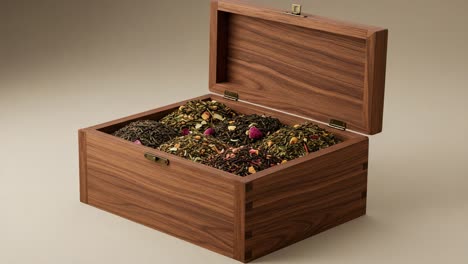 an open wooden box filled with various types of loose-leaf tea