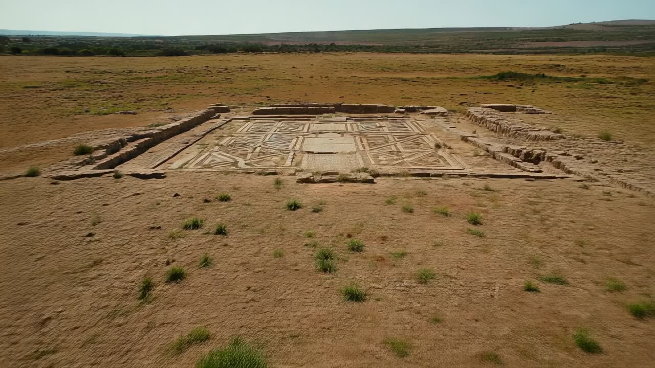 Drone che scende su un pavimento a mosaico rettangolare e muretti in una pianura arida, rivelando le tessere
