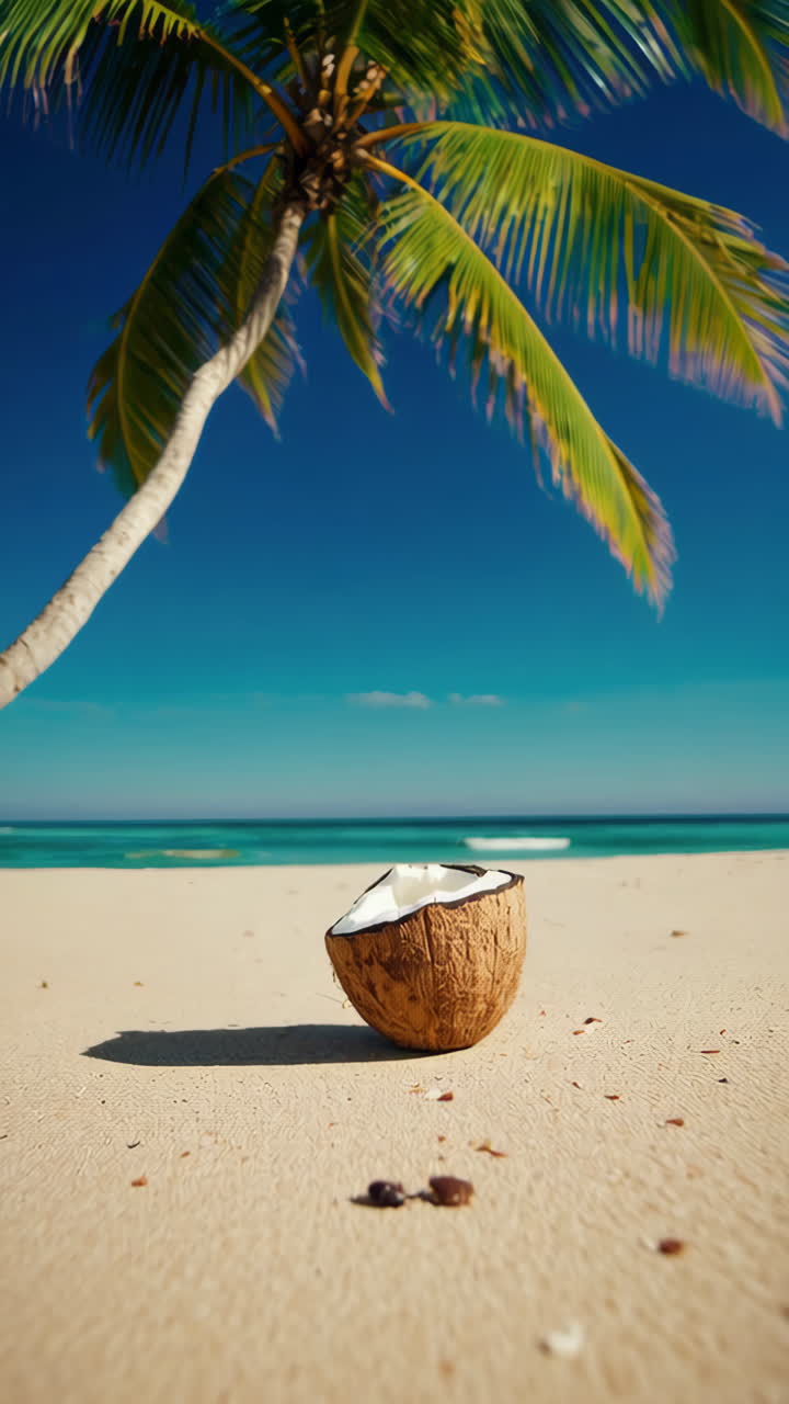 Coconut on the beach under a palm tree