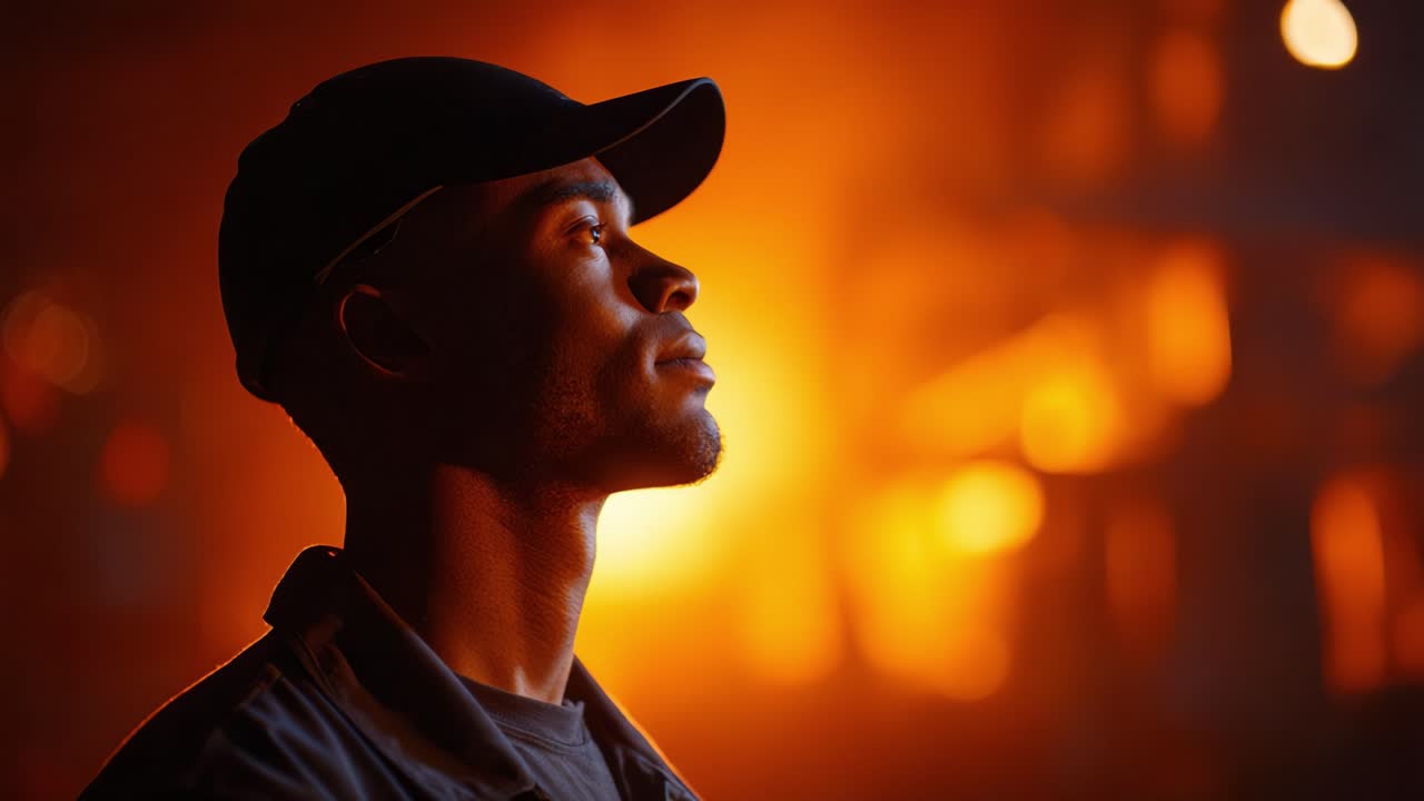 A contemplative individual in profile, surrounded by a vibrant, fiery glow, embodying a moment of introspection and vivid emotional expression amidst a warm backdrop
