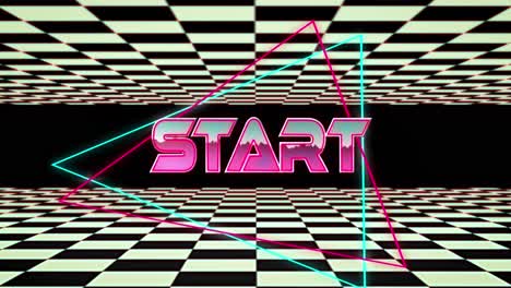 Animation-of-start-text-banner-over-neon-triangular-shapes-against-chequerboard-pattern