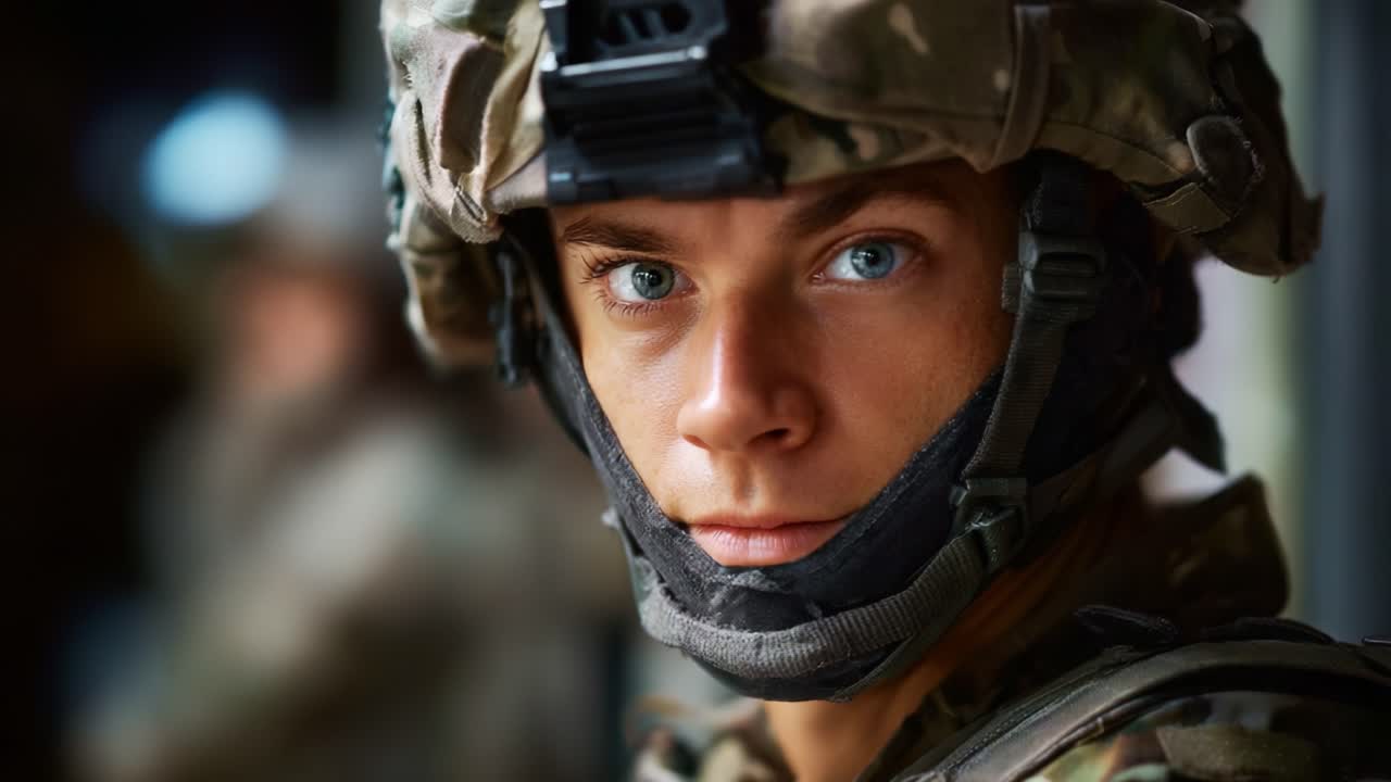 Un soldato concentrato in uniforme che mostra determinazione e preparazione, ripreso di profilo con un'espressione pensierosa che riflette forza interiore e impegno