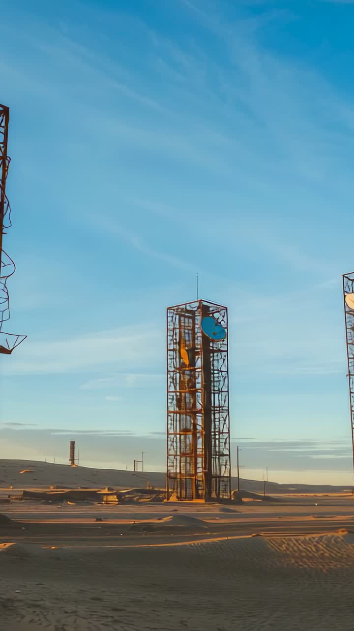 Vertical video: Wind gusts spinning windmill blade on central tower in desert, with satellite dish