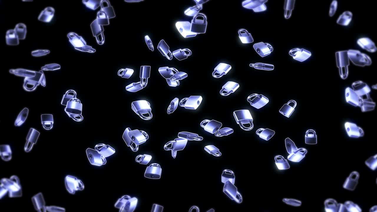 검은색 배경에 많은 은색 패들록을 날리는 보안 또는 비밀 보호 개념, 회전하는 패들록의 3d 애니메이션, 루프 애니메이션.