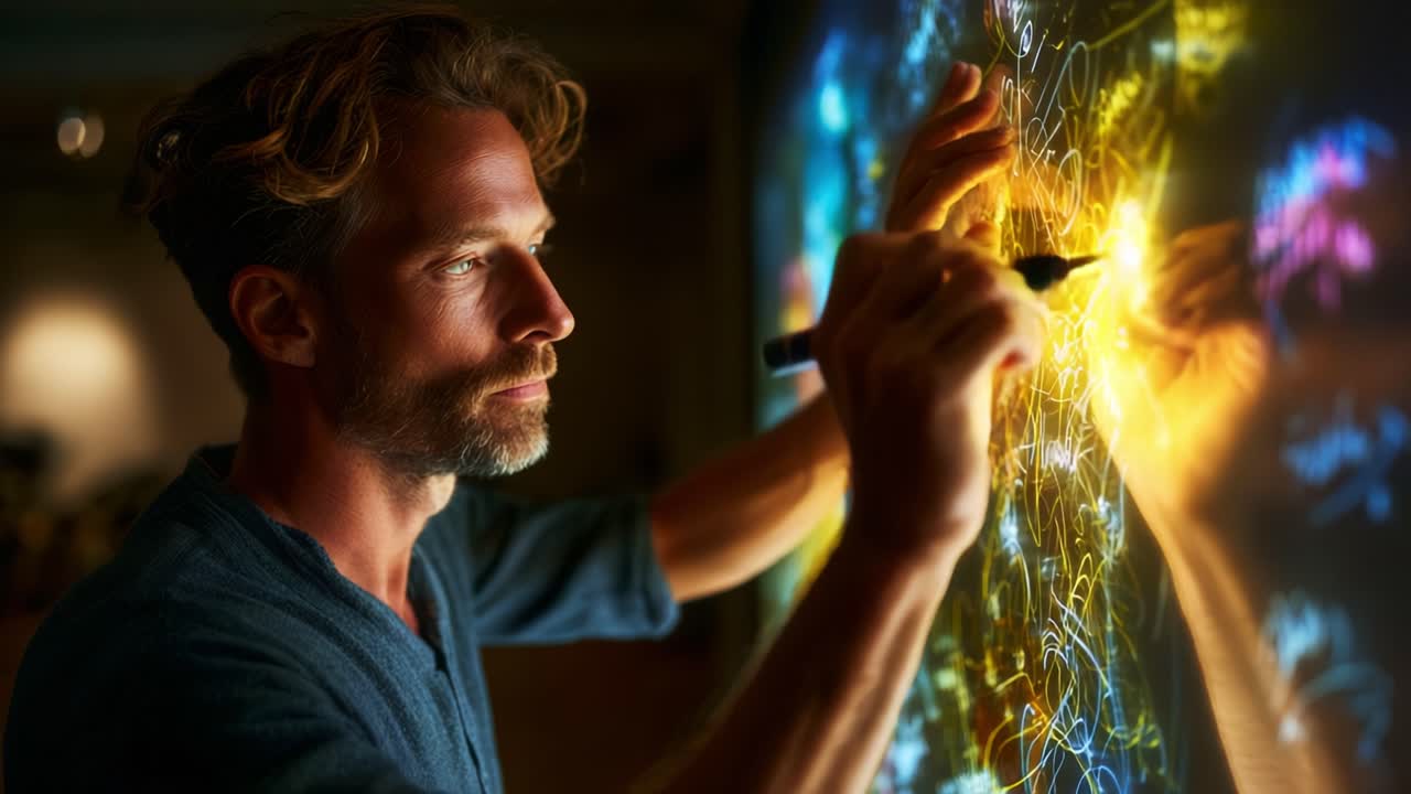 Creative Expression and Innovation: A Man Engaged in Artistic Writing on a Futuristic Digital Canvas, Illuminating Ideas with Vibrant Colors and Precision in an Inspiring Space