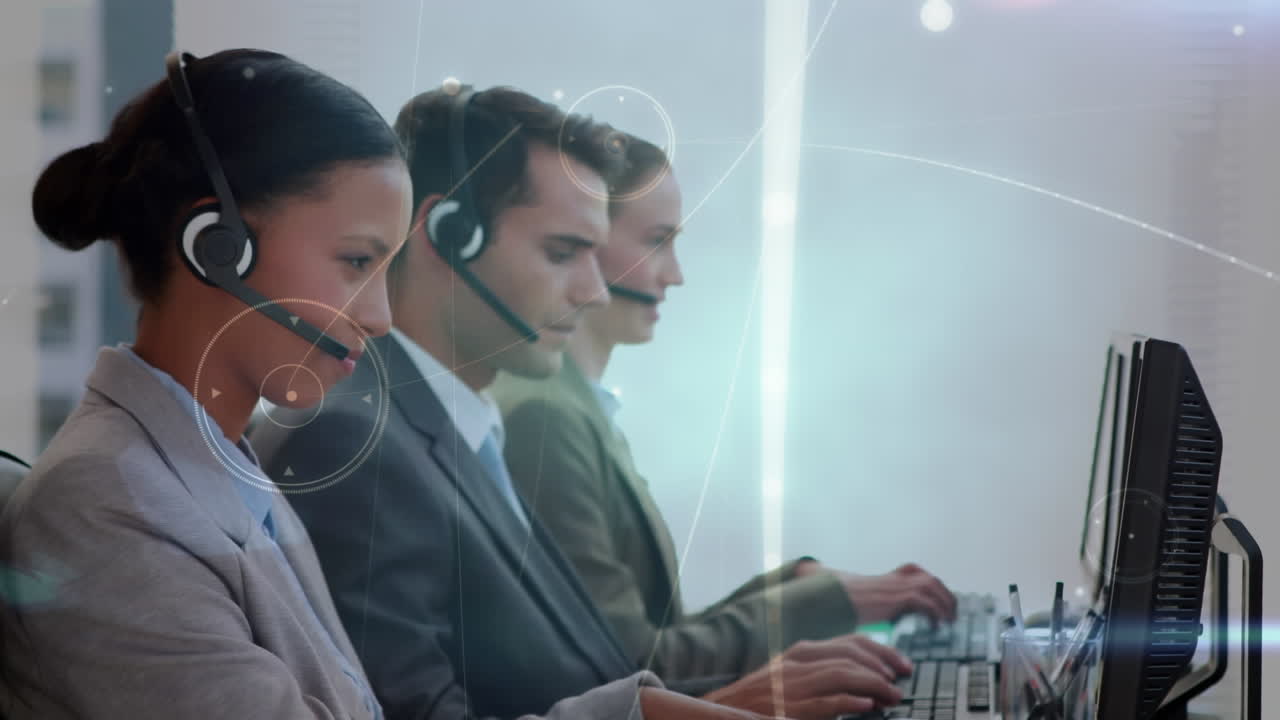 Animation of network of connections over business people wearing phone headsets
