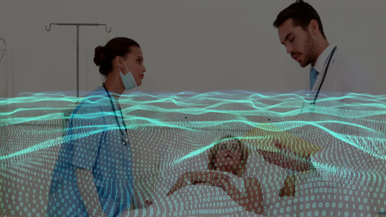 Nurse monitoring patient while doctor leaning beside bed, showing health data via binary overlay