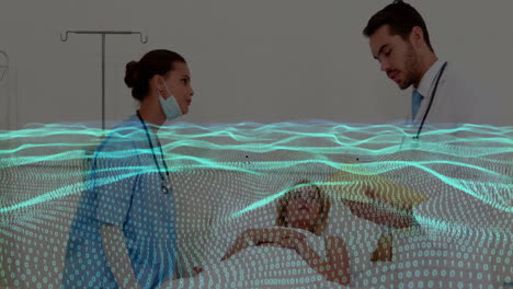 nurse monitoring patient while doctor leaning beside bed, showing health data via binary overlay