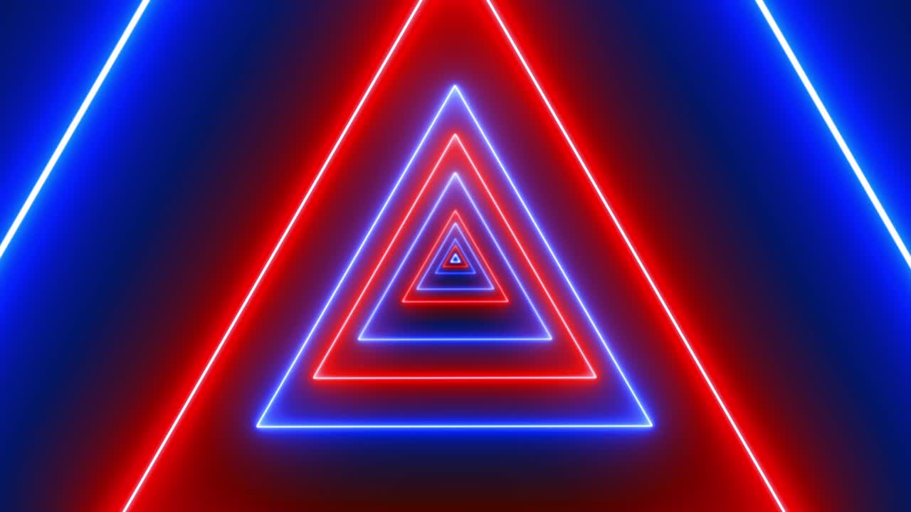 Seamless flight through an endless tunnel of alternating red and blue glowing neon triangles. For gaming, VJ loops, or futuristic concepts