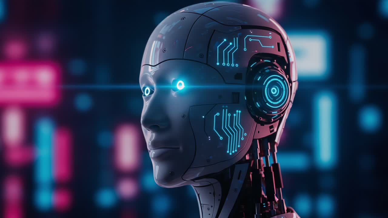 Astonishing Close-Up of a Futuristic Robot Head Highlighting Intricate Circuitry and Illuminated Components in a Vibrant Digital Landscape