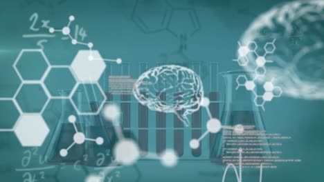 Animación-De-Procesamiento-De-Datos,-Cerebros-Y-Fórmulas-Químicas-Sobre-Tubos-De-Ensayo-Y-Vasos.