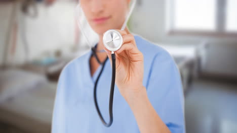 animación de una doctora caucásica sonriente con un estetoscopio sobre la habitación del paciente