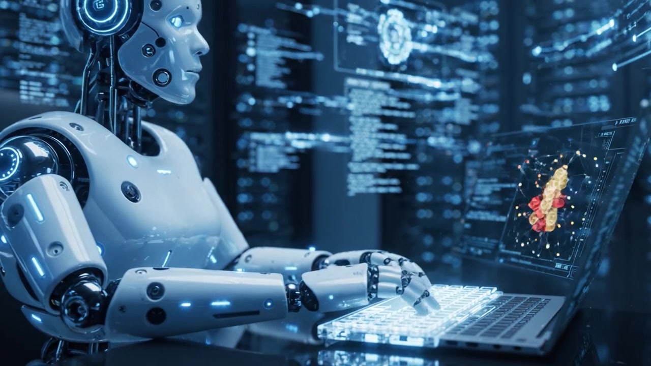 A Futuristic Robotic Entity Engaged in Advanced Computing Activities, Displaying Interactions with Digital Data in a High-Tech Environment