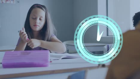 Animation-of-clock-over-biracial-schoolgirl-taking-out-pen-at-desk-in-class