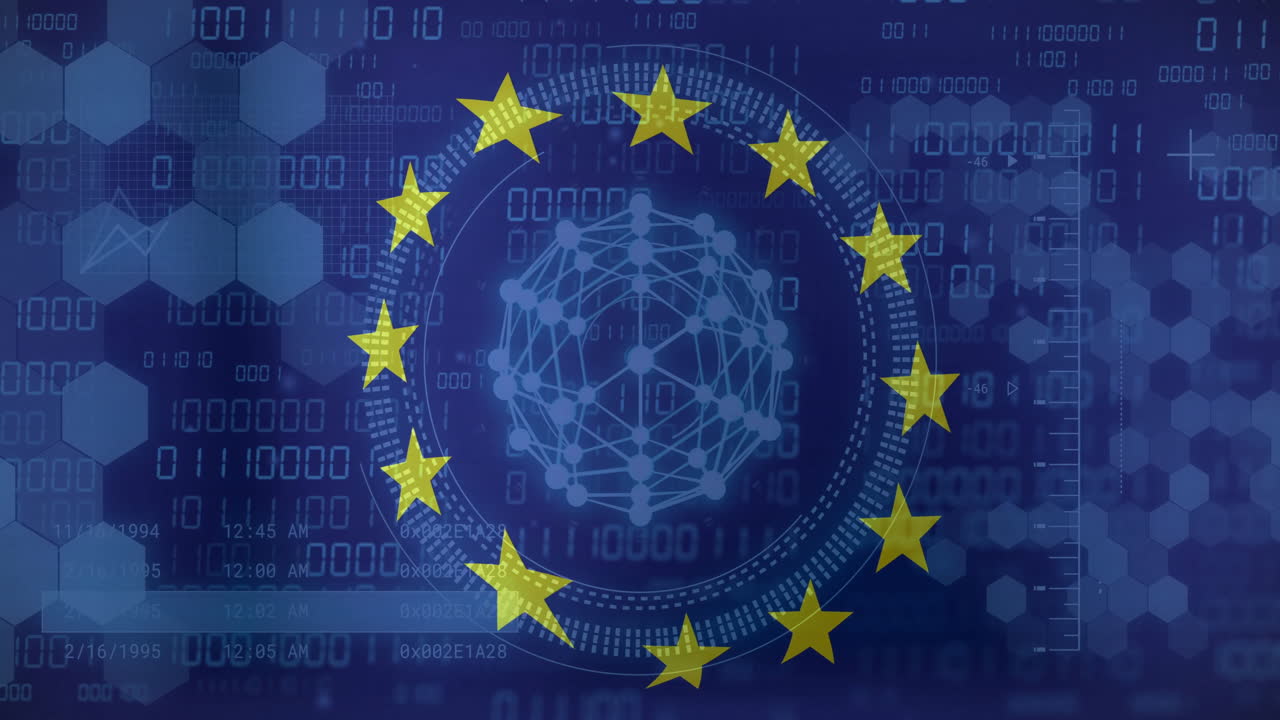 Stelle dell'Unione Europea su sfondo di rete digitale e codice binario