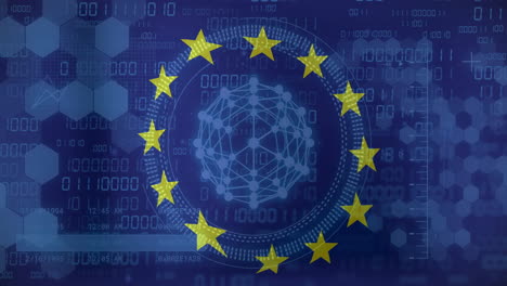 european union stars over digital network and binary code background