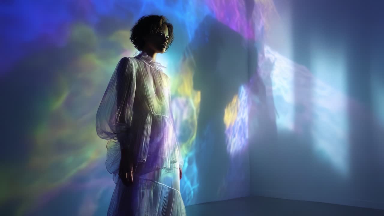A Stunning Display of Light and Color: A Model Captured in Ethereal, Multicolored Projections that Illuminate a Minimalistic Space, Creating a Dreamlike Atmosphere Filled with Enchantment
