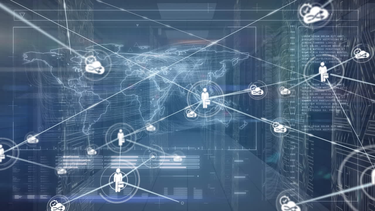 Animation of network of connections with people icons with data processing