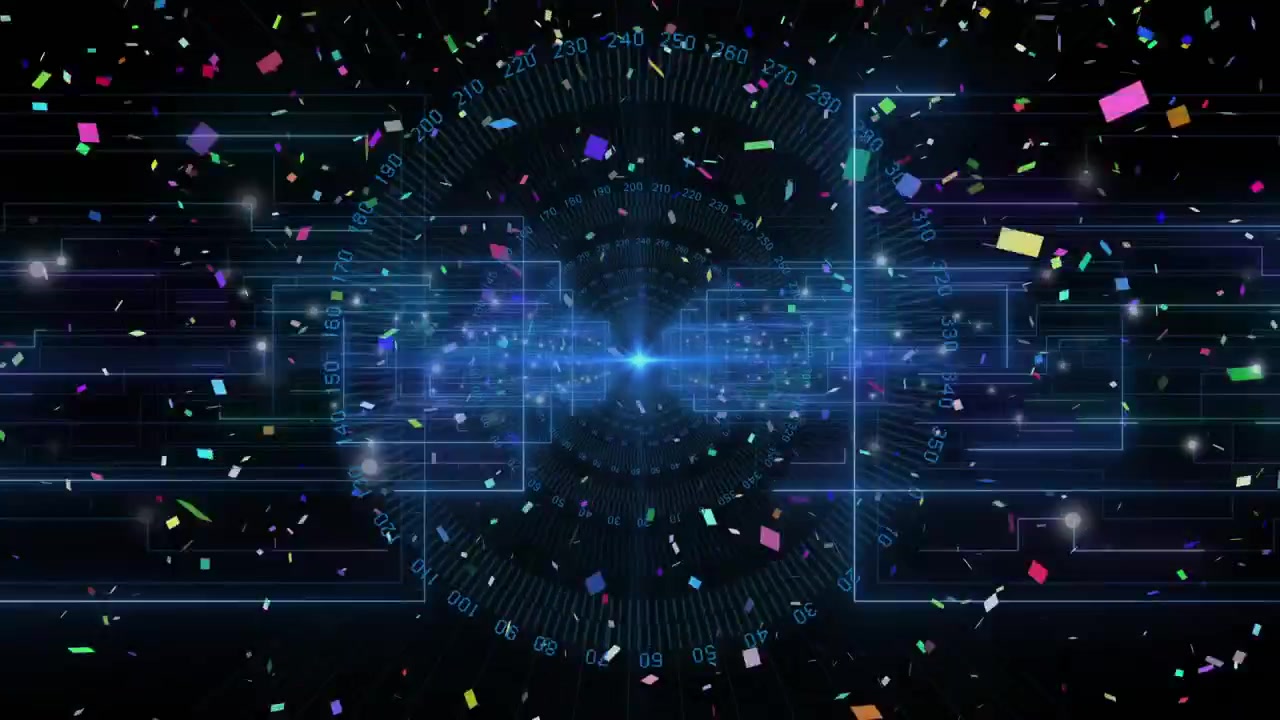 Bright hub emerging confetti drifting data streams extending gauge rotating while visualizing data