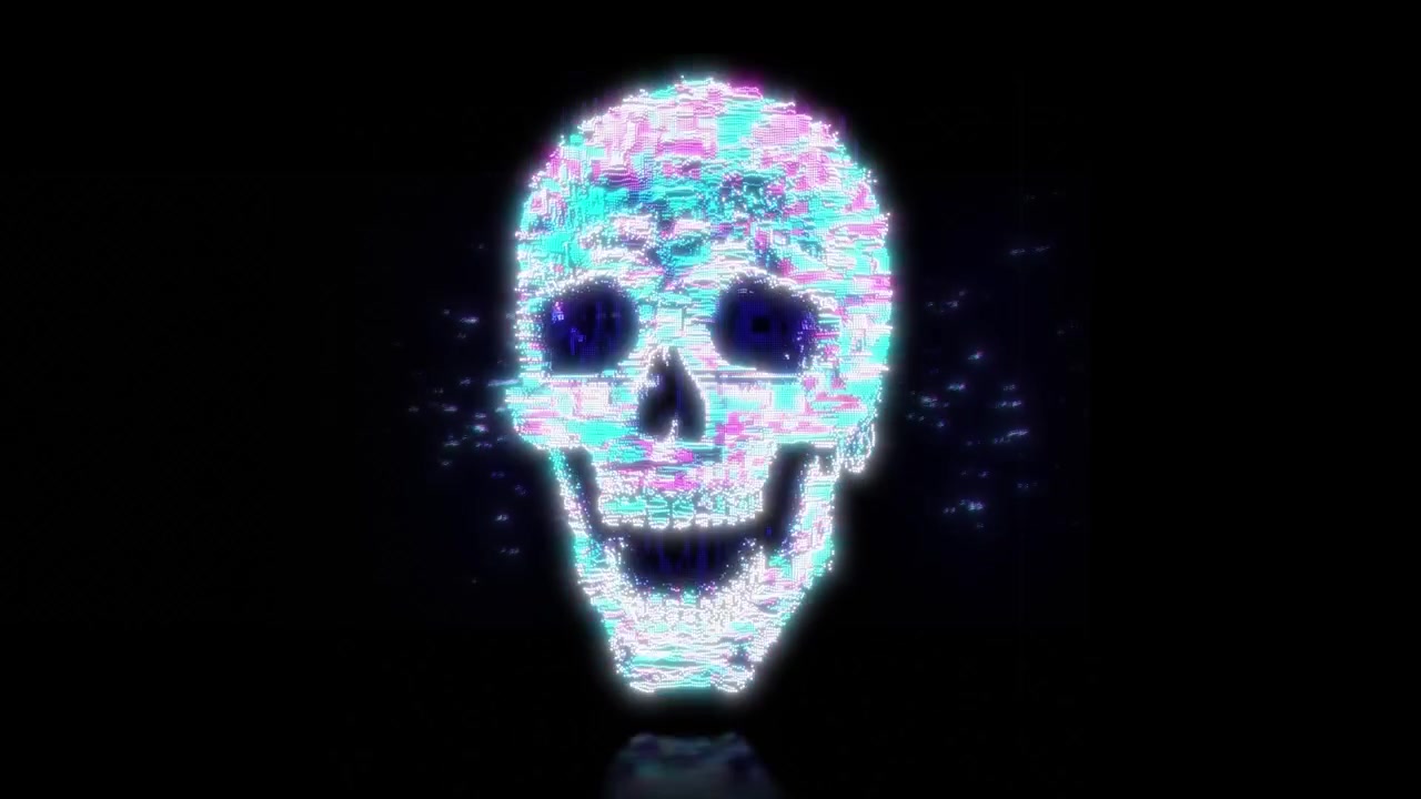 Glitch di teschio di Halloween su sfondo nero in risoluzione 4K.