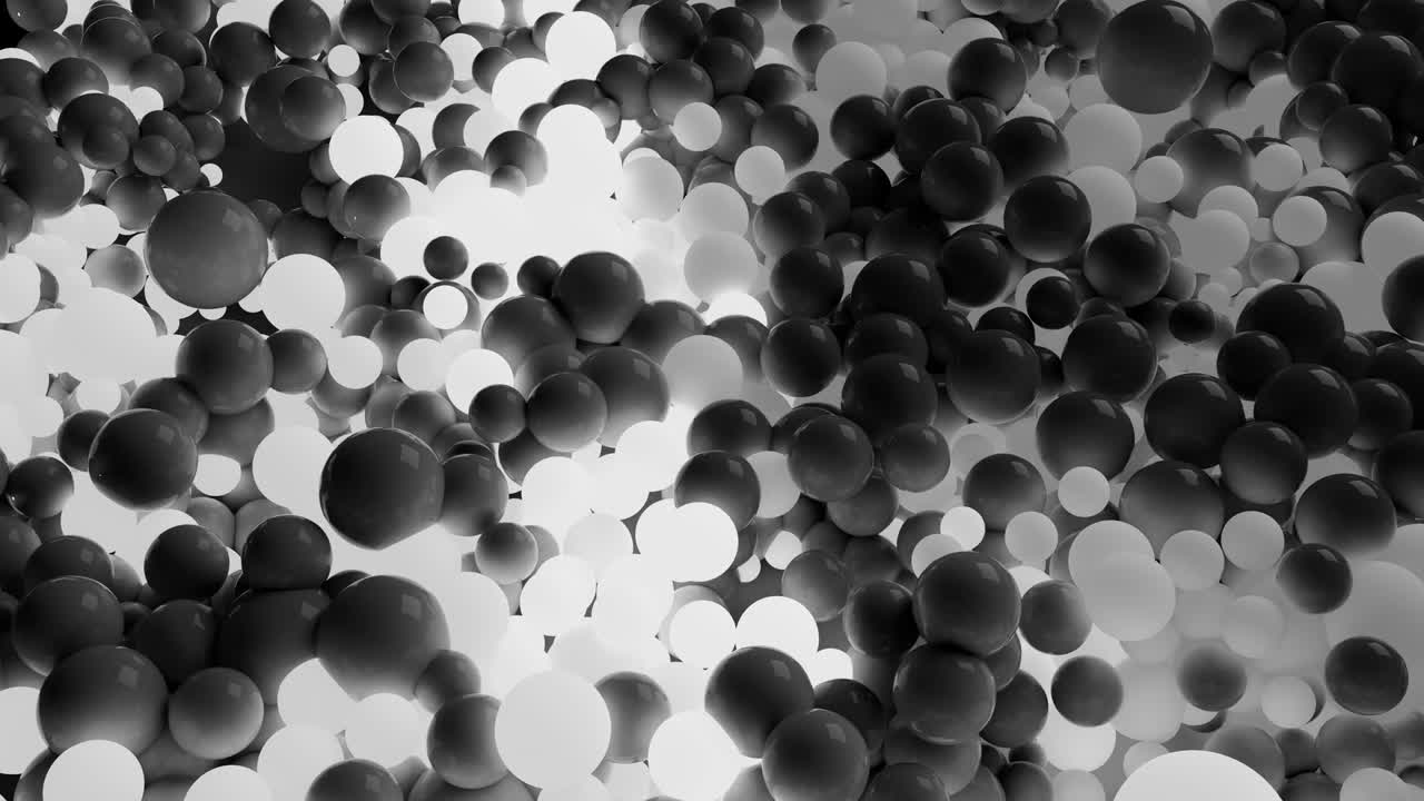 4k 3D seamless loop animation of beautiful gray and white small and large spheres or balls cover plane as abstract geometric background. Some spheres glow.