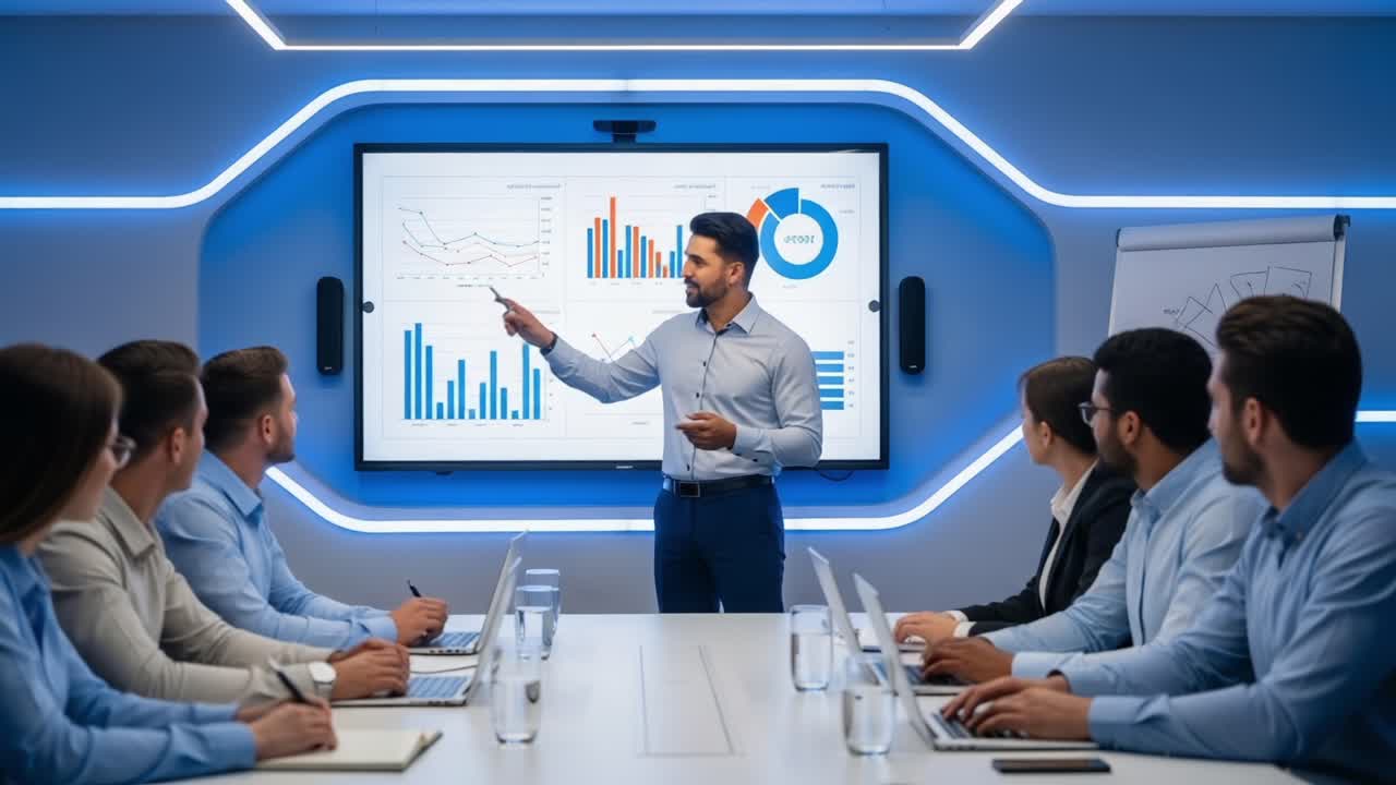 Engaging Presentation: A Confident Speaker Illustrates Data Insights in a Modern Conference Room Setting, Captivating an Attentive Audience with Visual Analytics