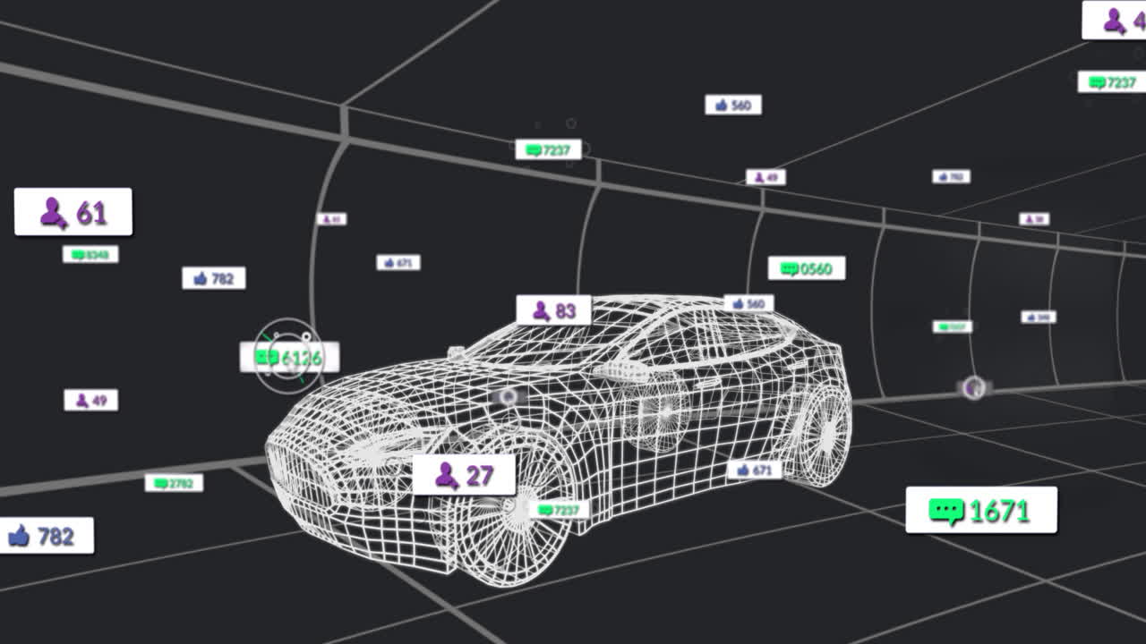 3D wireframe sports car floating in grid environment with engagement metric boxes orbiting car